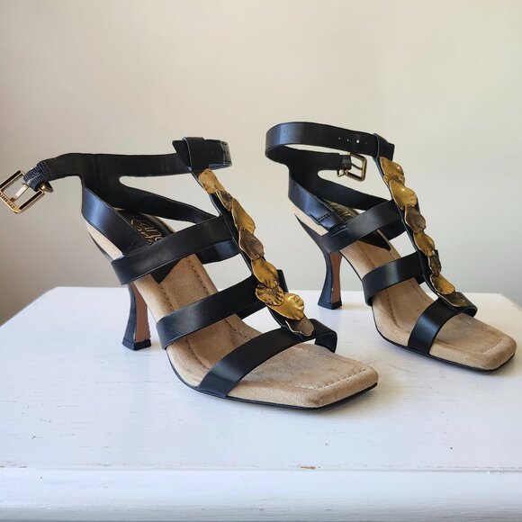 Franco Sarto Black Strappy Dress Heels Gold Leaf Detail Women’s Size 5.5 - Picture 1 of 8